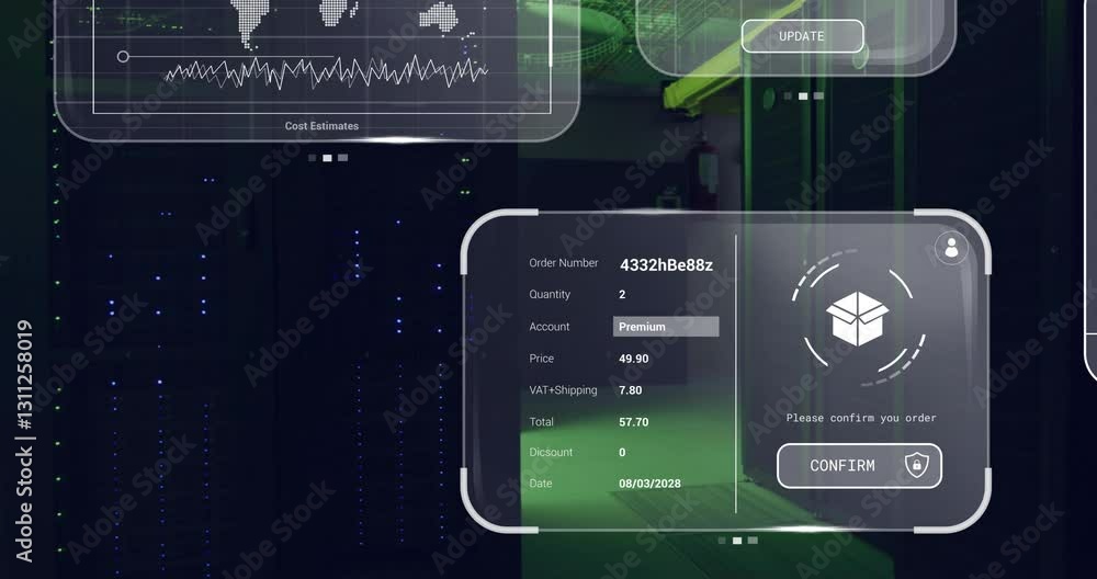 Poster in server room, digital order confirmation interface overlaying animation on screen