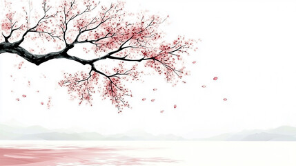 Cherry blossom branch extending on pure white background.