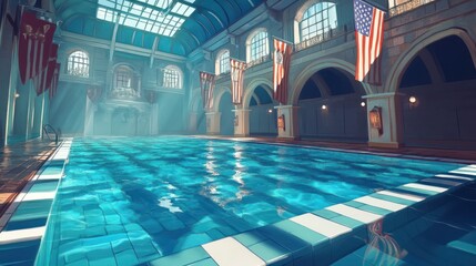 Obraz premium Empty indoor swimming pool with flags and sunlight, ready for use