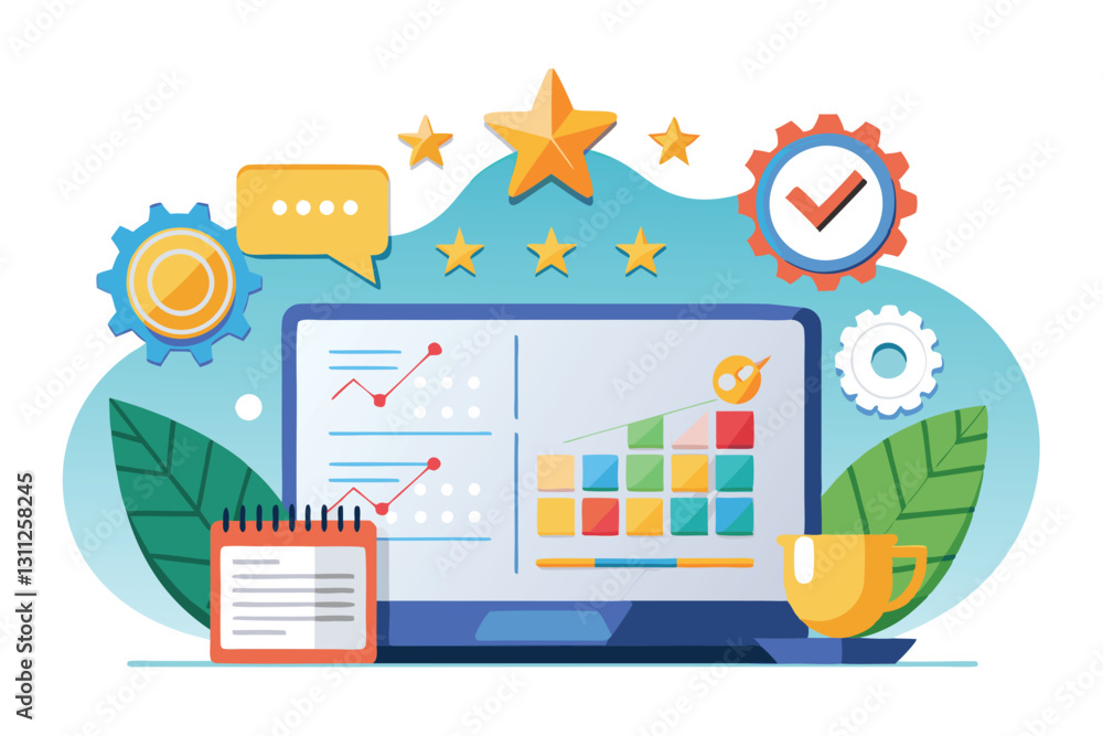 Poster a digital workspace showcases performance ratings with colorful graphs, gears, and feedback elements