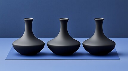 Elegant black and white ceramic vases designed for modern decor in a minimalist setting 
Trio of Exquisite Decanters: Three elegant decanters, showcasing amber, gold, and purple liquids, stand in a ro