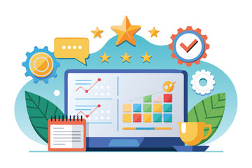 Naklejka premium A digital workspace showcases performance ratings with colorful graphs, gears, and feedback elements, Performance rating concept,