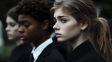 A solemn Easter remembrance ceremony in a quiet cemetery, mourners paying respects to their loved ones, soft atmosphere, subtle lighting, natural landscape, focused on expressions of grief, 