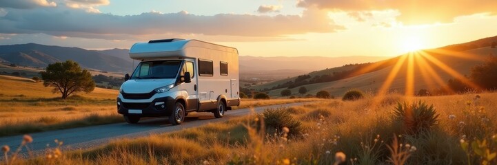 Car pulling camper trailer, scenic Spanish countryside, scenic, summer