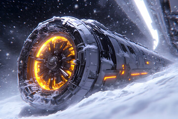 Future train travels snowy landscape with a futuristic illuminated engine in snow