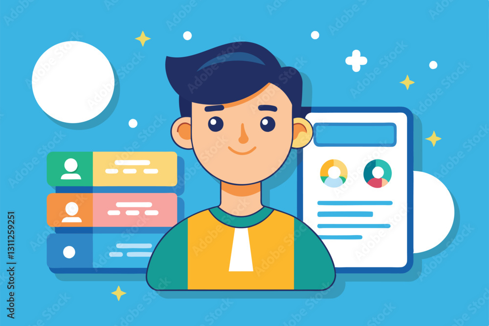 Poster a cartoon character stands against a vibrant blue backdrop with user interface data and profile elem
