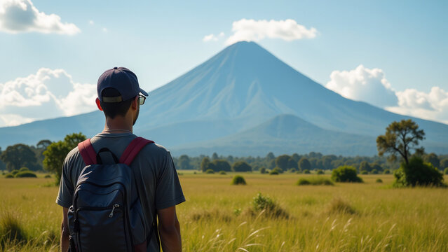 man looks merbabu mount merapi standing savannas near