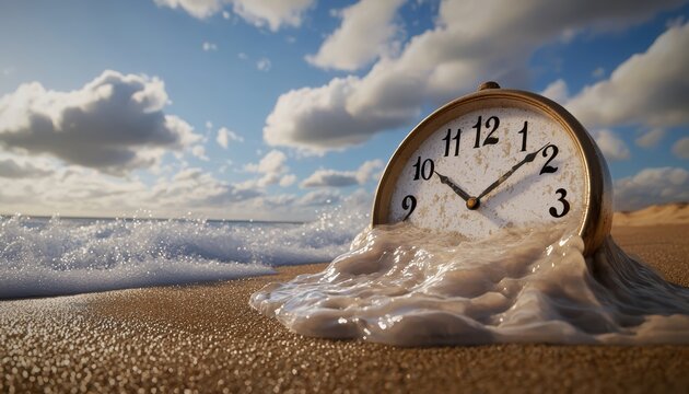 Melting clock on a sandy beach, with waves and a surreal sky, bending time in a summer abstract moment