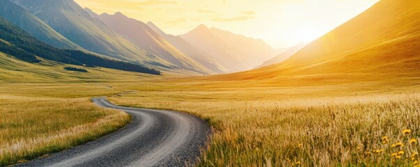 Mountain trail with wildflowers, winding through a sunny valley with peaks, hiking in a summer nature vista