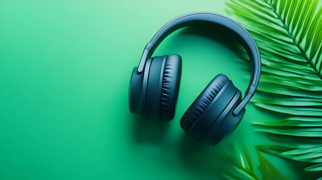 Stylish black headphones resting on a vibrant green background, complemented by tropical leaves, showcasing modern music culture.