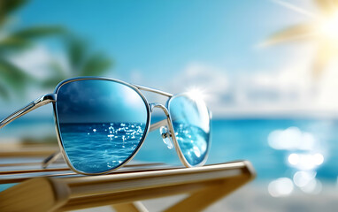Stylish sunglasses resting on a wooden lounge chair by the beach, reflecting the serene ocean and bright sun.