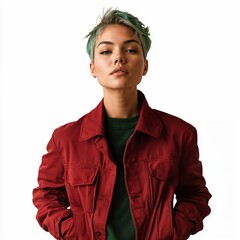 Person with light wheat skin, short dark green hair in a matte brick red jacket, high collar, relaxed hands in pockets, soft even tone, full view, isolated on white background - Generative AI