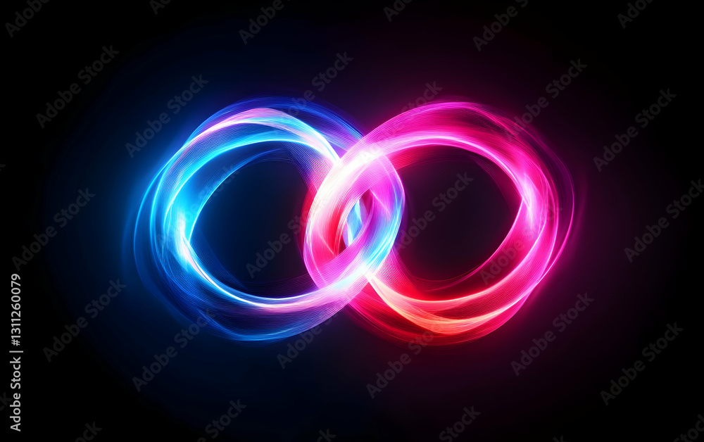 Poster vibrant blue and pink light trails forming intertwined loops against a dark background, creating a d