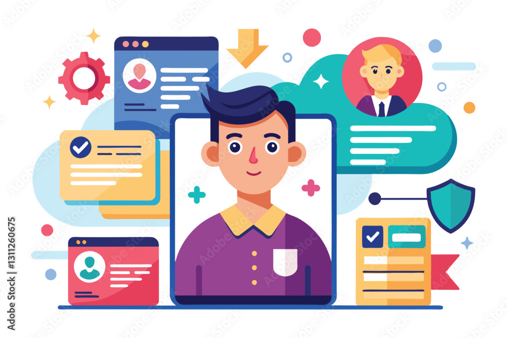Poster a vibrant illustration showcasing user profiles and customizable data elements in a digital format, 