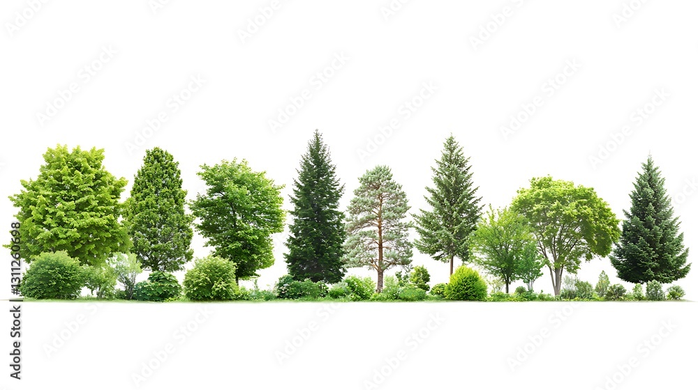 Poster diverse trees lineup: an assorted collection of trees in various shapes and sizes, creating a vibran