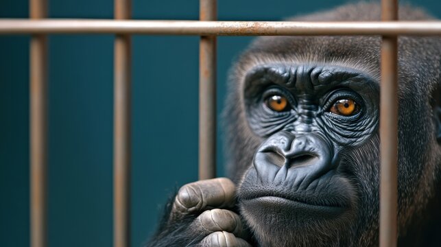 A gorilla's thoughtful gaze from behind bars, its hand resting gently on the metal, contemplative expression in its orange eyes.