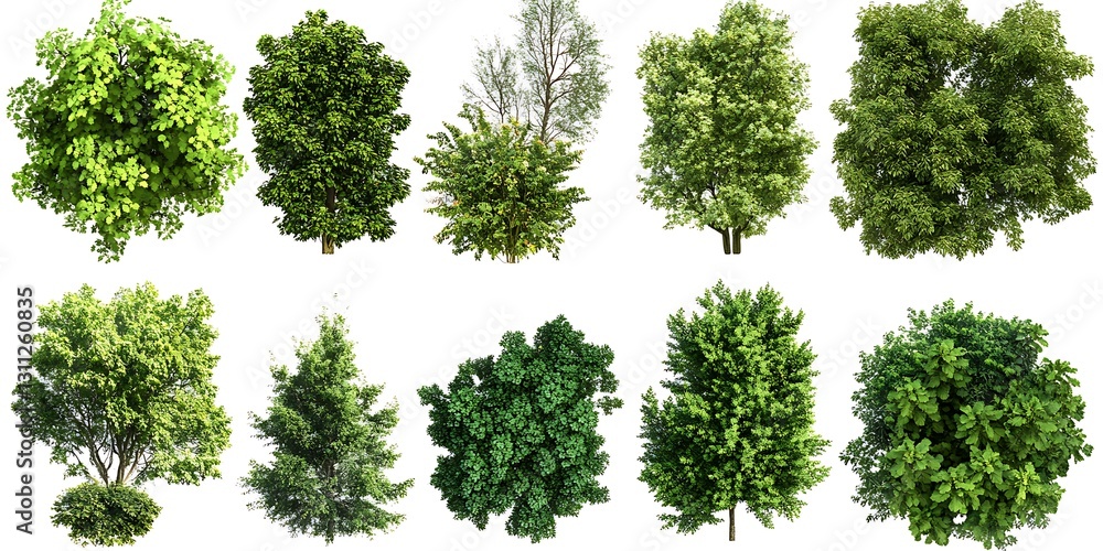 Poster diverse trees and shrubs collection: a comprehensive array of lush green trees and shrubs, represent