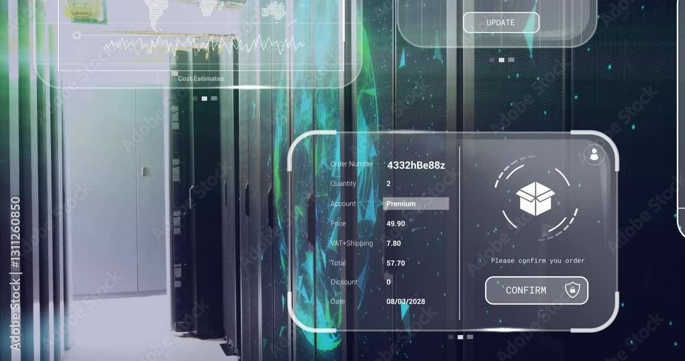 Poster data processing animation over server room with digital interface elements