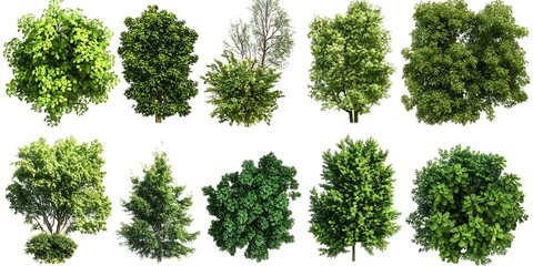 Diverse Trees and Shrubs Collection: A comprehensive array of lush green trees and shrubs, representing a variety of species, presents a vibrant panorama of botanical diversity and design options.