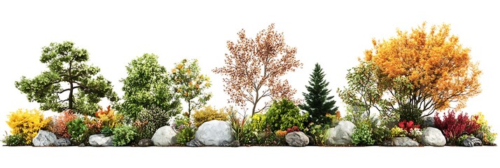 Harmony of Nature's Variety: A vibrant array of lush plants, trees, and rocks creates a dynamic and colorful natural landscape, celebrating the beauty and diversity of the botanical world.