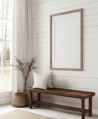 Empty framed art, rustic entryway bench