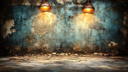 Rustic grungy wall background, with two vintage-style light fixtures casting warm illumination down the textured, peeling paint. Ideal for adding depth and character to your designs.

