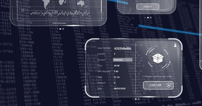 Animation of digital transaction interface processing data over financial code background