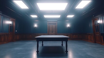 This image is for sale on a stock photography website. It features an empty, dark room with a large table in the center, illuminated by overhead lights.

