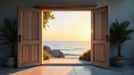 Fototapeta premium open doorway offers serene view peaceful horizon calming ambiance surrounding