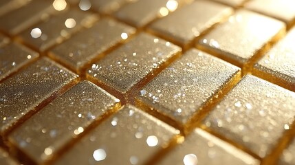 Close up of golden mosaic tiles, perhaps for a tech-related theme. The tiles are rectangular, with reflective specks on the surface.

