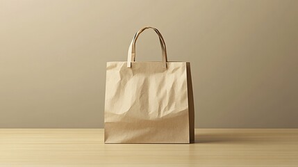 Crumpled paper bag studio shot, beige background, mockup