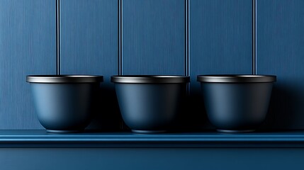Three identical blue containers sit on a shelf. The containers are likely design elements intended for stock imagery use.

