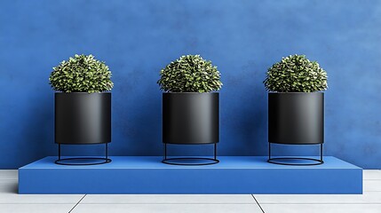 Three potted plants are displayed on a blue pedestal against a matching wall. The Adobe Stock interface shows this image and other options as stock art.

