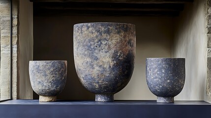 Three earthenware vessels of varying sizes sit side-by-side on a shelf in front of a neutral wall. Each has a similar dark blue-gray speckled finish and a pedestal base.

