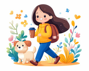 Girl walking dog outside, holding coffee, bright flowers and foliage background