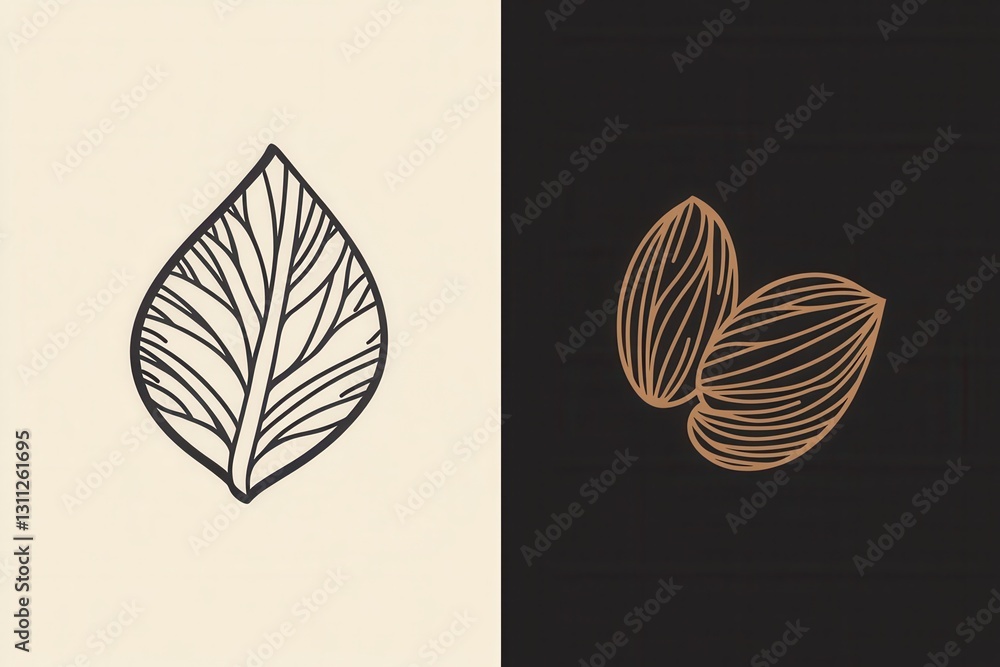 Poster minimalist nut logo featuring abstract line art of an almond and walnut on contrasting backgrounds