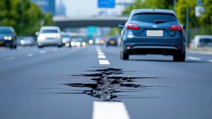 Large crack in asphalt road, cars driving in background, blurred, focus on damage, infrastructure issue, road hazard.
