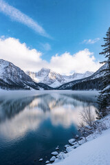 Snowy Mountains Reflect in Tranquil Lake: Pristine Winter Wonderland Scene