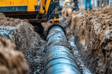 Large pipe being installed underground by excavator. Shows construction, utility, and infrastructure work.