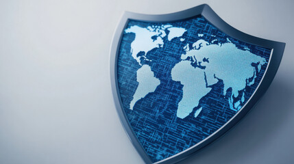 Digital shield featuring world map, symbolizing global security and protection