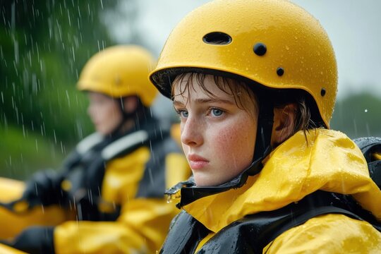 Child in yellow raincoat and helmet in rain, looking ahead, with others behind.