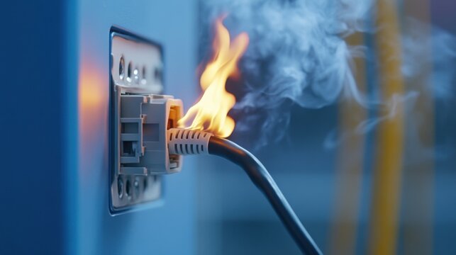 Burning cable plugged into a wall socket, emitting smoke and flames, indicating electrical hazard.