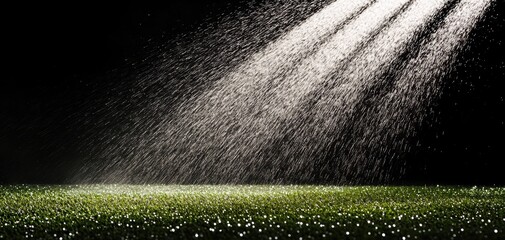 Sprinkler spraying water on a green lawn, with droplets glistening in the sun, in a suburban summer yard setting