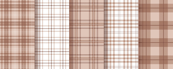 Check seamless pattern. Plaid brown background. Tartan shirt cloth. Set gingham fabric print. Flannel textures. Lumberjack tablecloth. Geometric backdrops. Abstract textile. Vector illustration