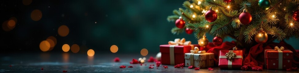 Ornate Christmas tree, vibrant baubles, glittering lights, wrapped gifts beneath , glittering, winter background