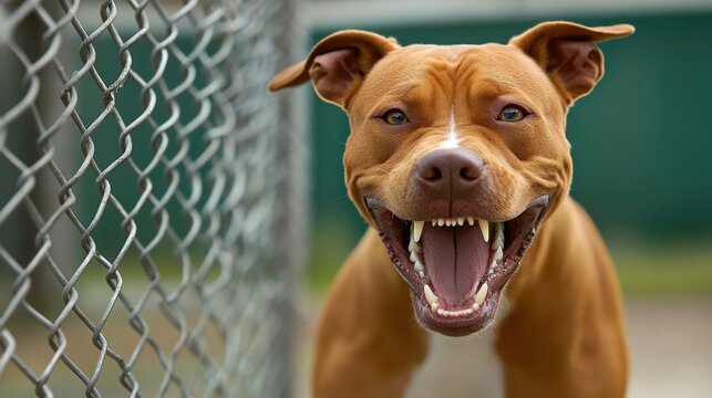 Happy dog behind a chain link fence, mouth open in a playful grin, looking directly at the camera.