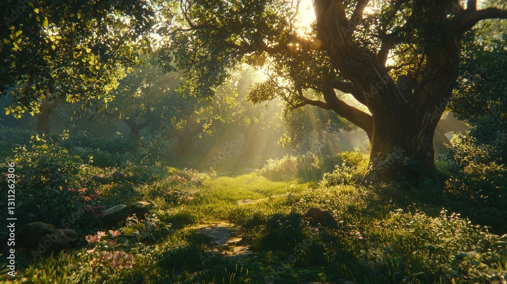 Poster sunlit forest path through lush greenery.