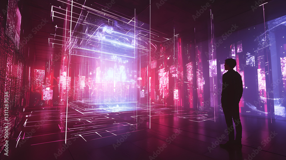 Poster exploring holographic presentation systems digital exhibition space visual content immersive environ