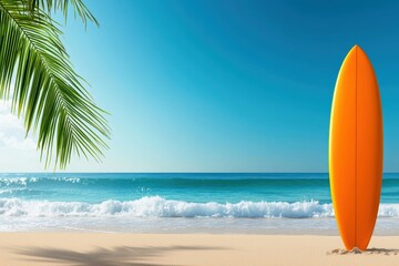Surfboard leaning against a palm tree, on a sandy beach with waves crashing, under a vibrant summer sun with a tropical feel
