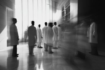 Doctors and nurses are walking down a hospital hallway